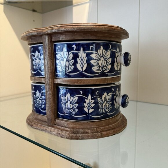 Apothecary Chest Latch Drawers Blue White Ceramic HEAVY Wood Bohemian Boho Decor - Picture 10 of 13